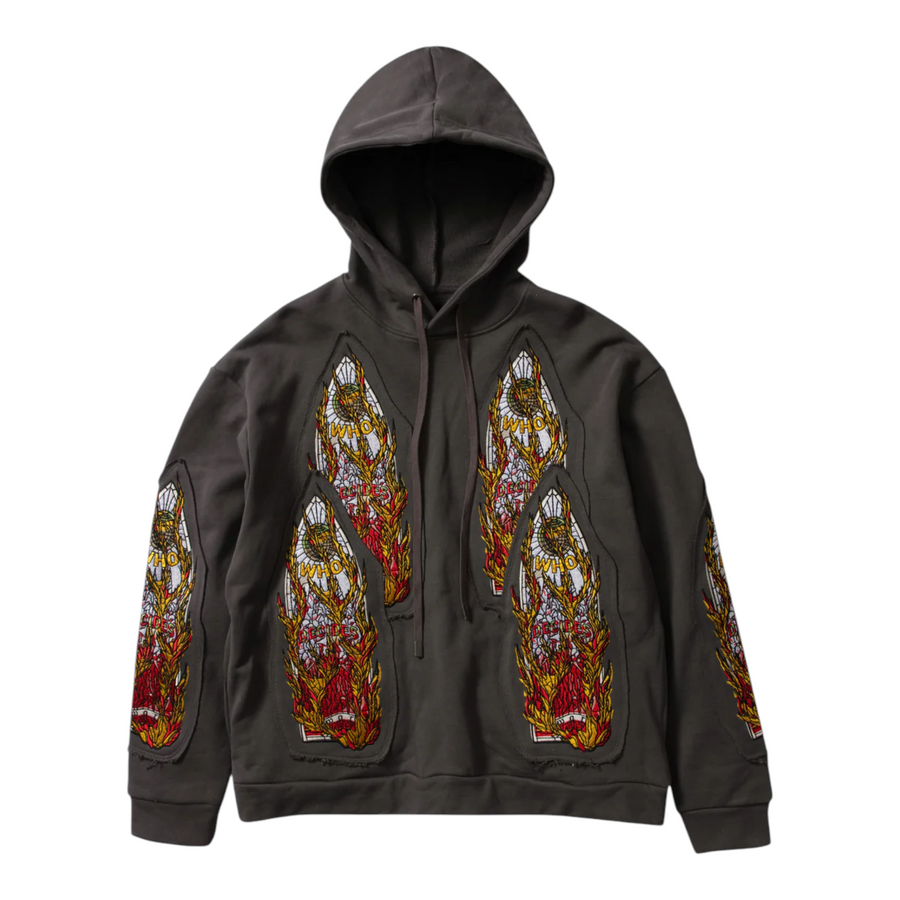Who Decides War Hoodie Grey FLAME GLASS EMBROIDERED