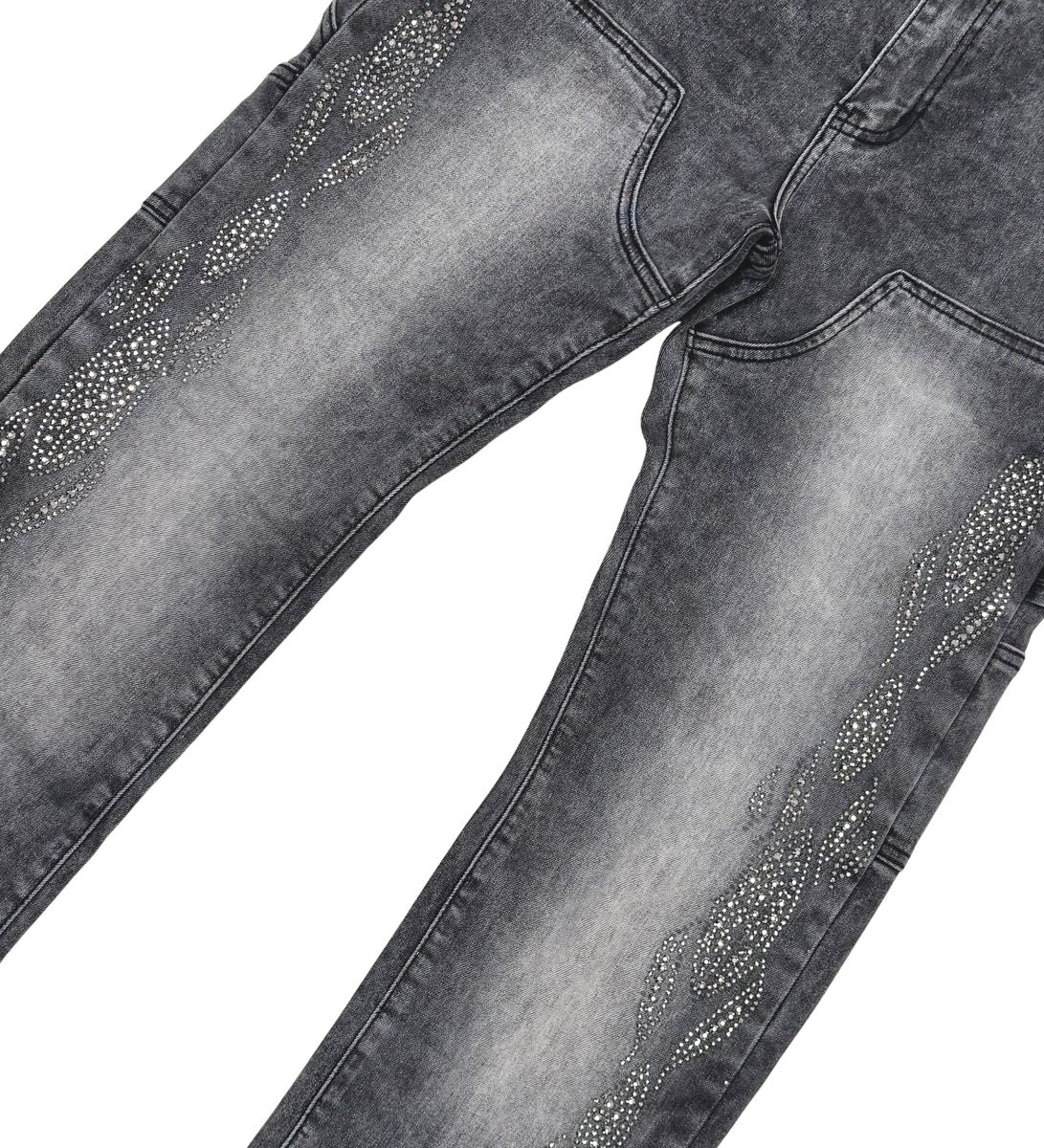 VICIOUS JEANS DARK GREY CARPENTER FLARE RHINESTONE VC654
