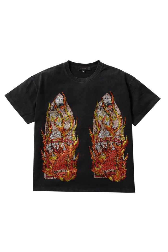 Who Decides War black Rhinestone Flame Glass Jersey Tee