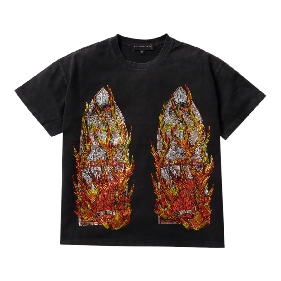 Who Decides War black Rhinestone Flame Glass Jersey Tee