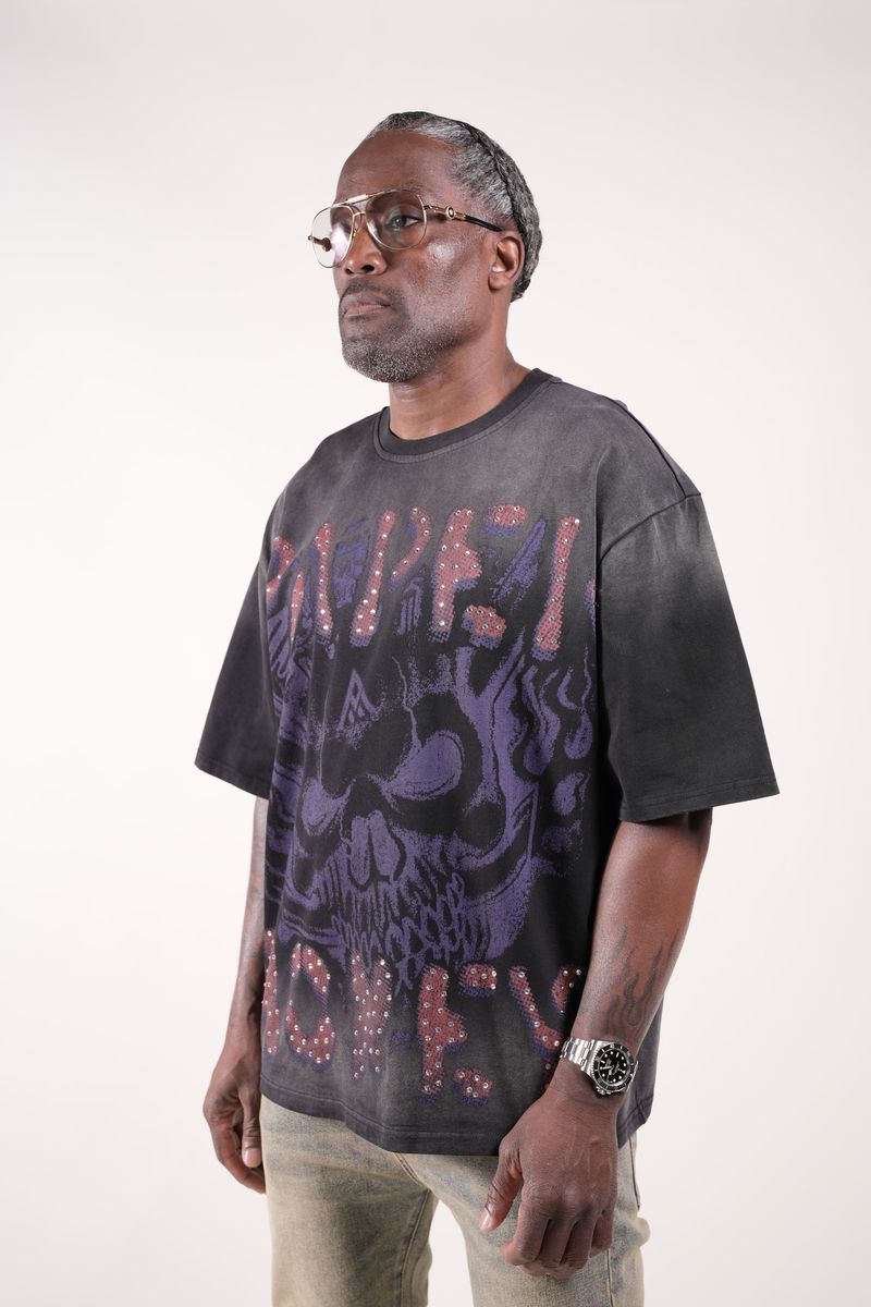 Paper Money Tee Black Purple Rags Skull Rhinestone