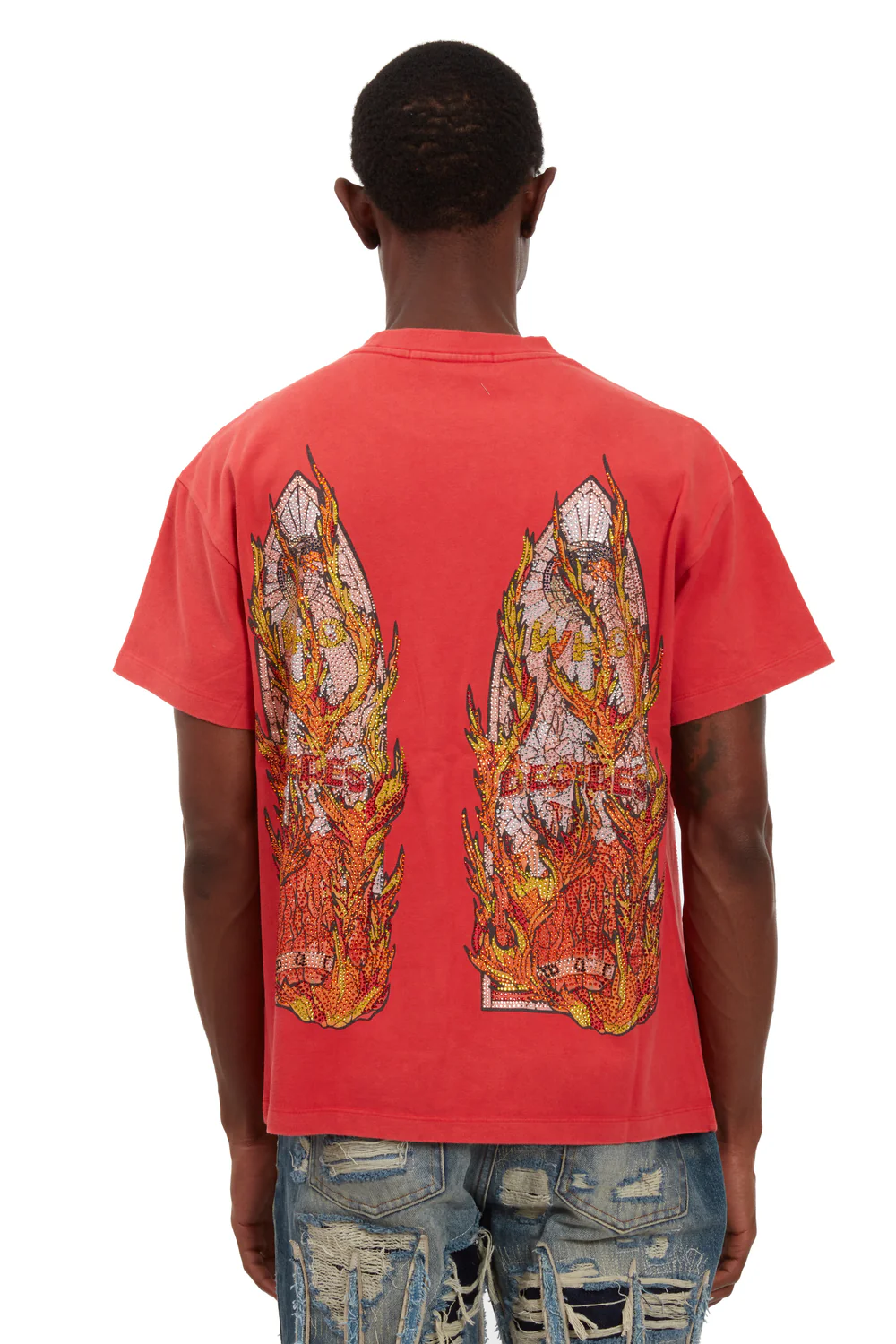 Who Decides War red Rhinestone Flame Glass Jersey Tee