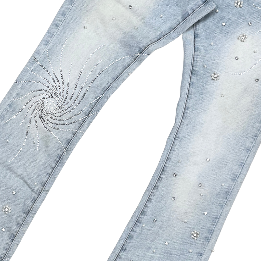 VICIOUS JEANS LIGHT BLUE GALAXY EMBELLISHED RHINESTONE PEARL FLARE VC1003