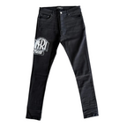 FLEX SHOP Amiri black skinny jeans with distressed denim, crystal Hollywood logo, and tapered fit.