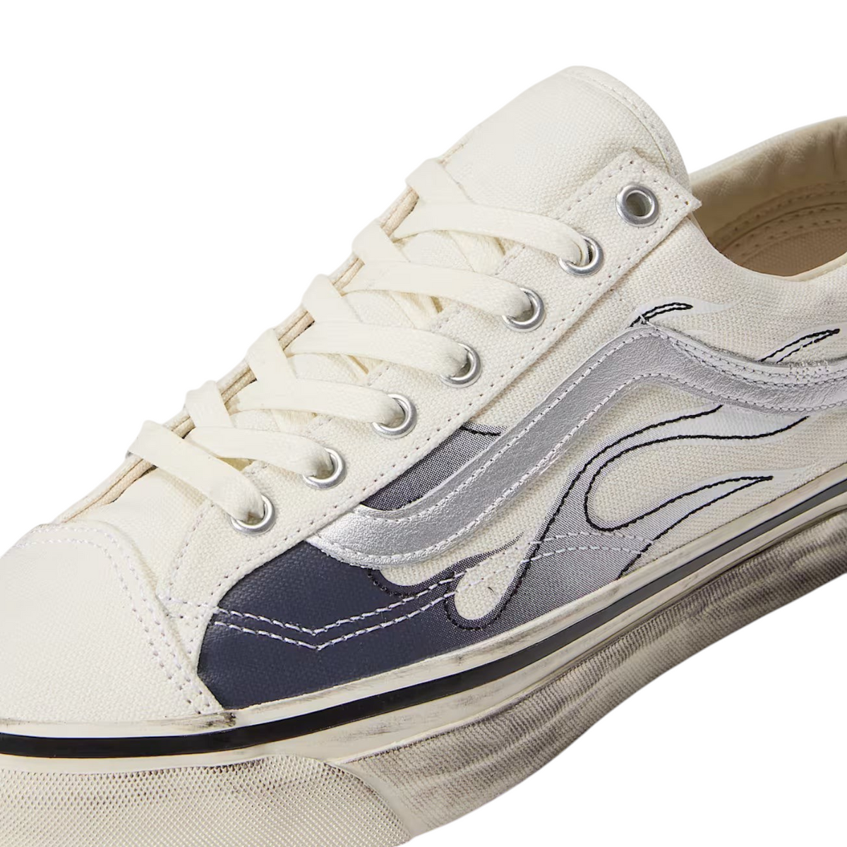 FLEX SHOP Vans Premium Old Skool LX sneaker in white canvas with silver flame graphics and distressed rubber sole