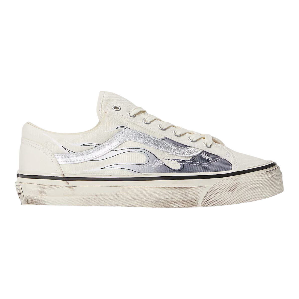 FLEX SHOP Vans Premium Old Skool LX sneakers in white leather and suede with metallic silver flame side graphics.