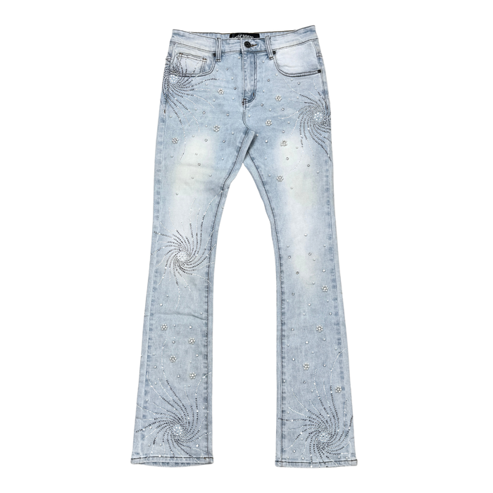 VICIOUS JEANS LIGHT BLUE GALAXY EMBELLISHED RHINESTONE PEARL FLARE VC1003
