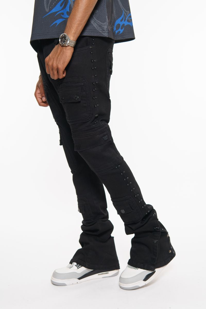 VICIOUS JEANS BLACK STUDDED WARRIOR CARGO FLARE FIT VC671R
