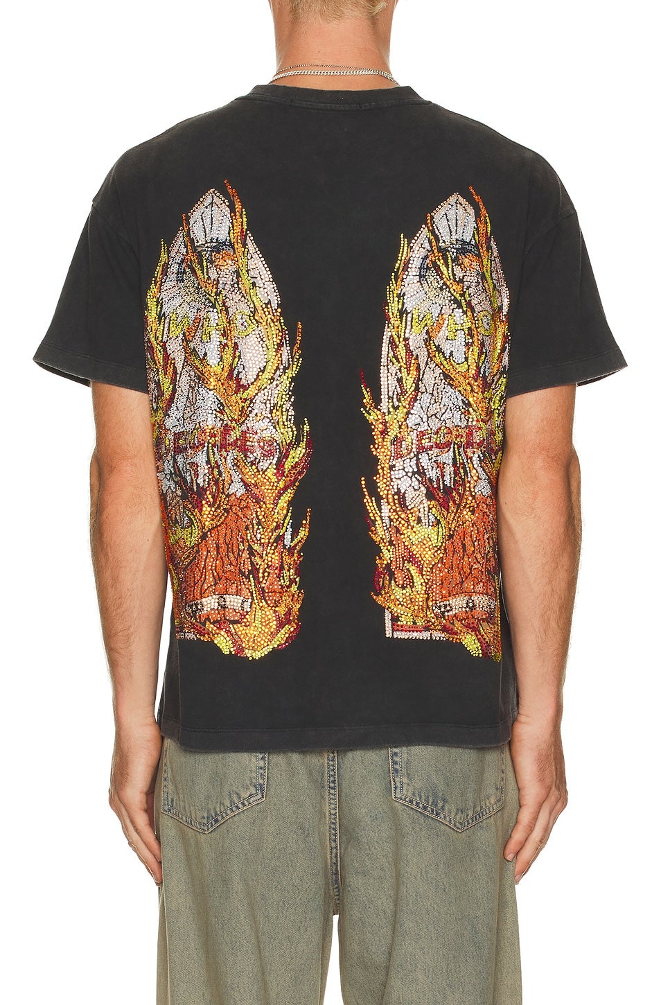 Who Decides War black Rhinestone Flame Glass Jersey Tee