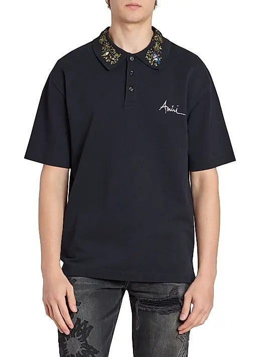 Amiri Embroidered Black Floral Collar Polo Shirt