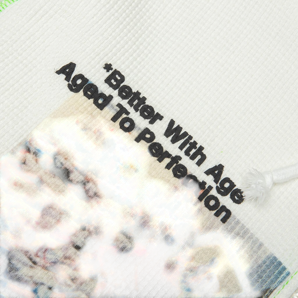 FLEX SHOP Better With Age white waffle-knit zip-up hoodie featuring black graphic text and a blurred photo print.