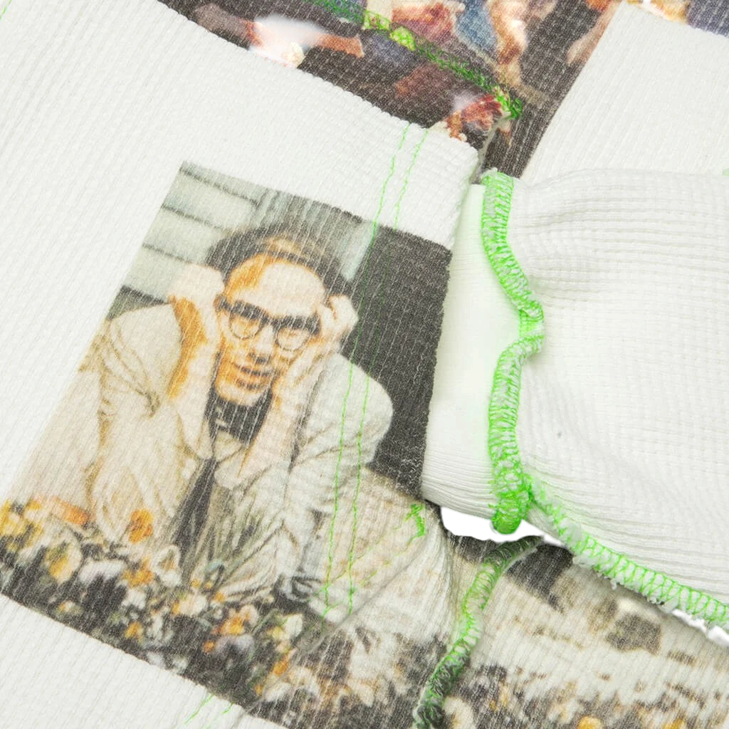 FLEX SHOP white waffle-knit zip-up hoodie featuring a vintage graphic print and bright green contrast stitching.