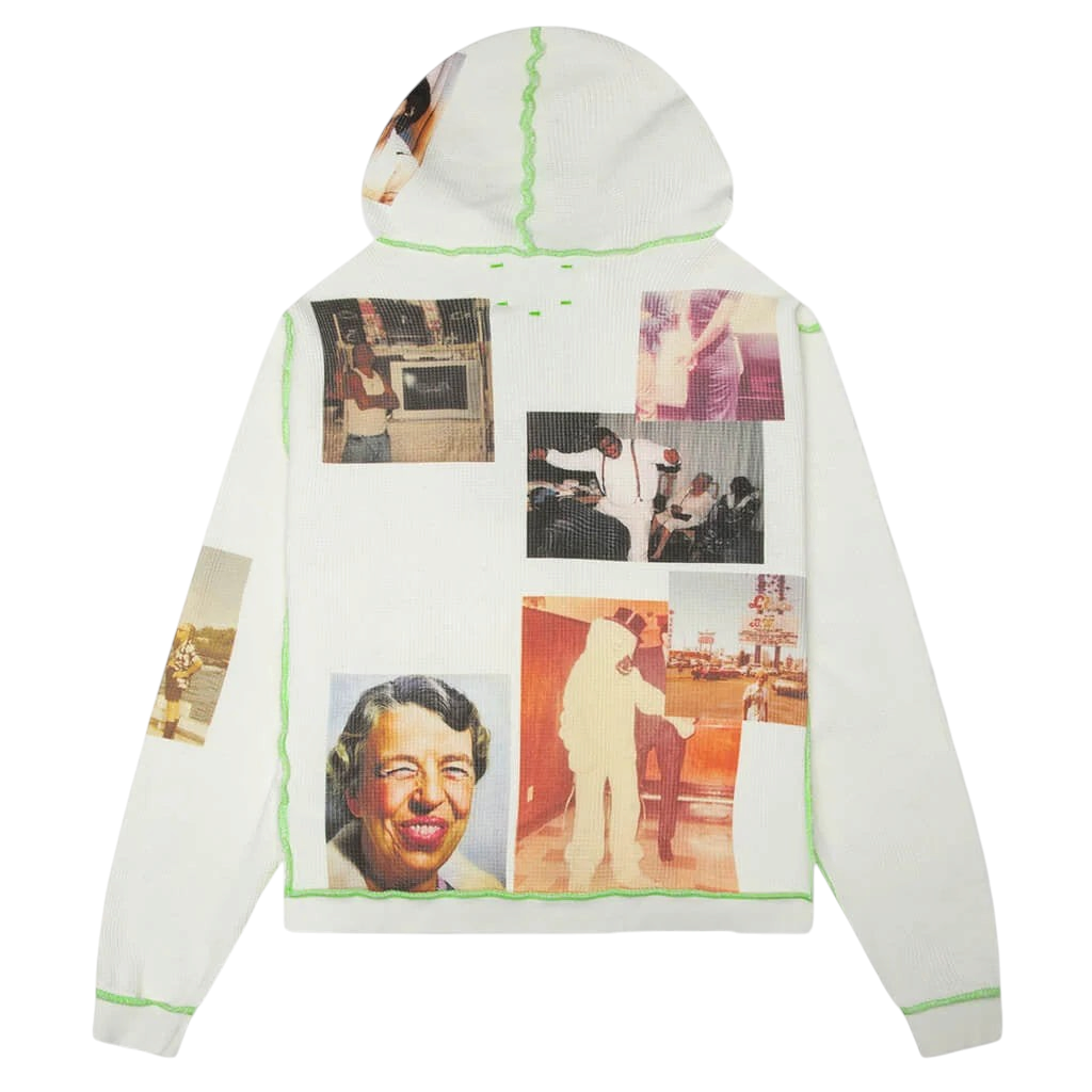 FLEX SHOP Better With Age white waffle-knit zip-up hoodie featuring vintage-style photo collage prints and neon seams.
