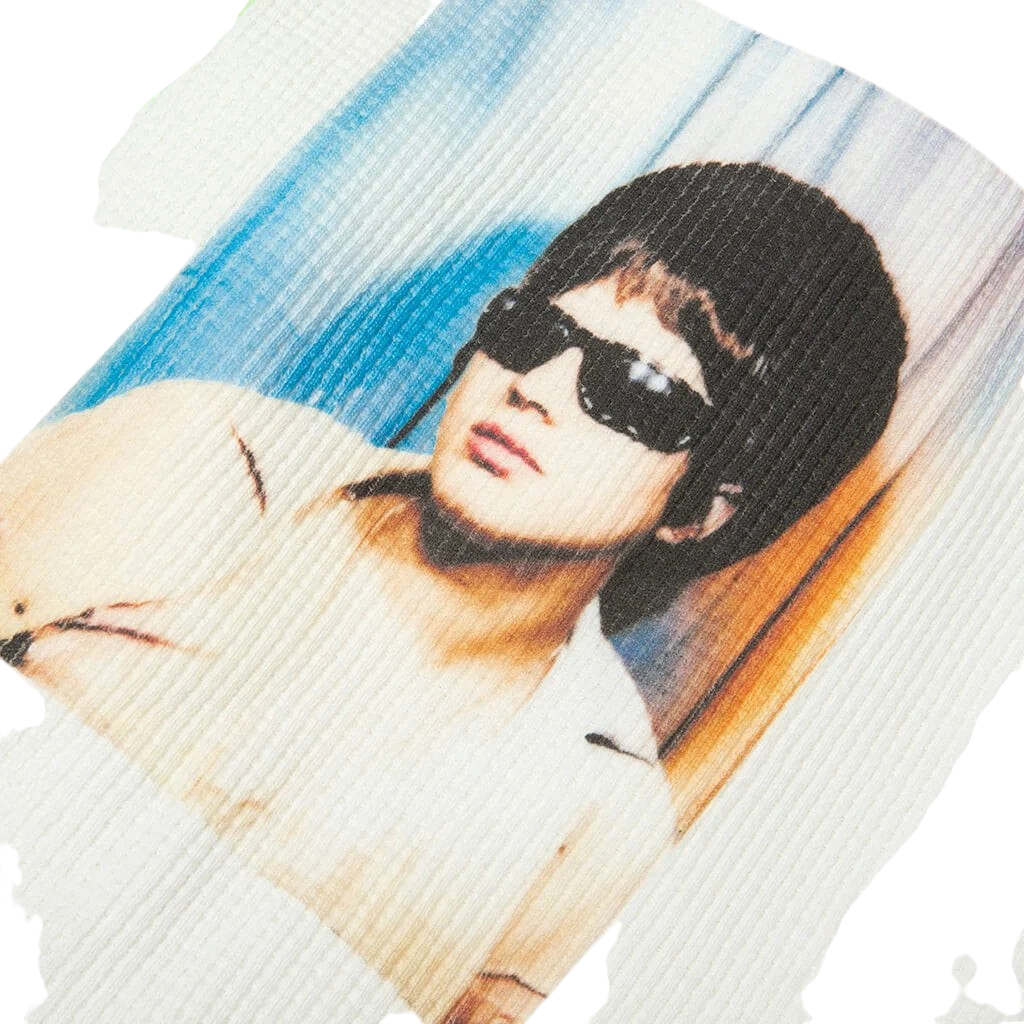 FLEX SHOP Better With Age white waffle-knit zip-up hoodie featuring a graphic print of a man wearing sunglasses