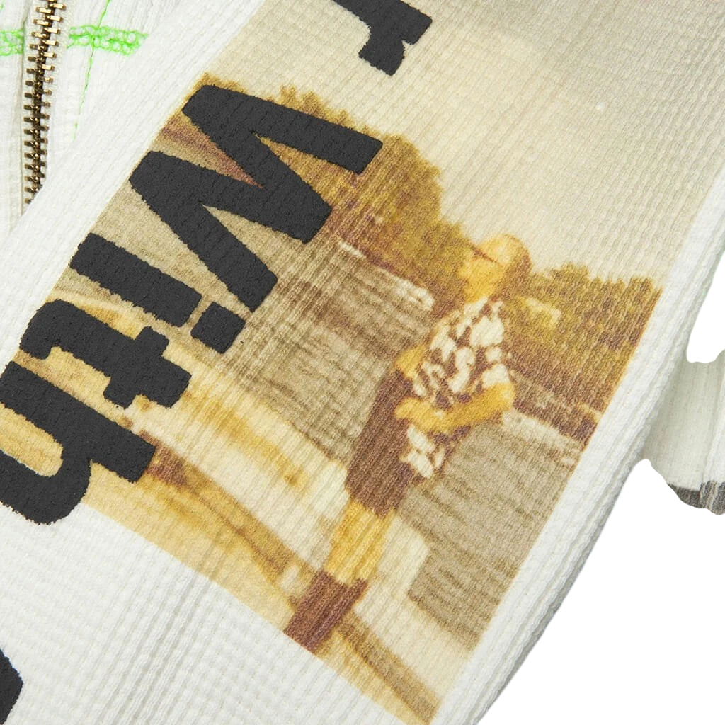 FLEX SHOP Better With Age white waffle-knit zip-up hoodie featuring a vintage-style graphic print and neon stitching.