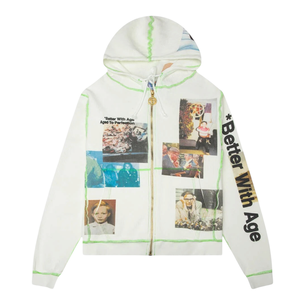 FLEX SHOP Better With Age white waffle-knit zip-up hoodie with graphic photo prints and neon green exposed stitching.