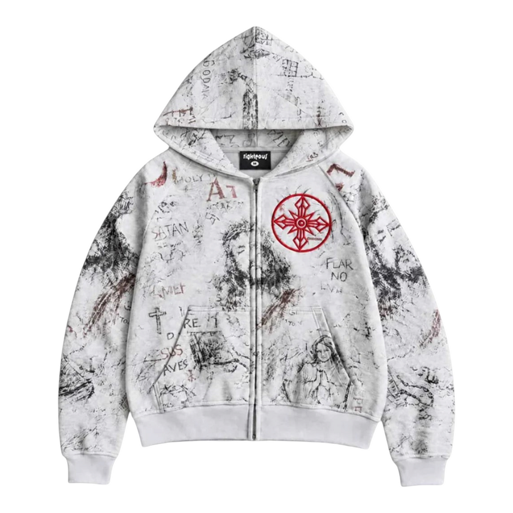 FLEX SHOP grey heavyweight zip-up hoodie with all-over graphic print and red circular chest emblem
