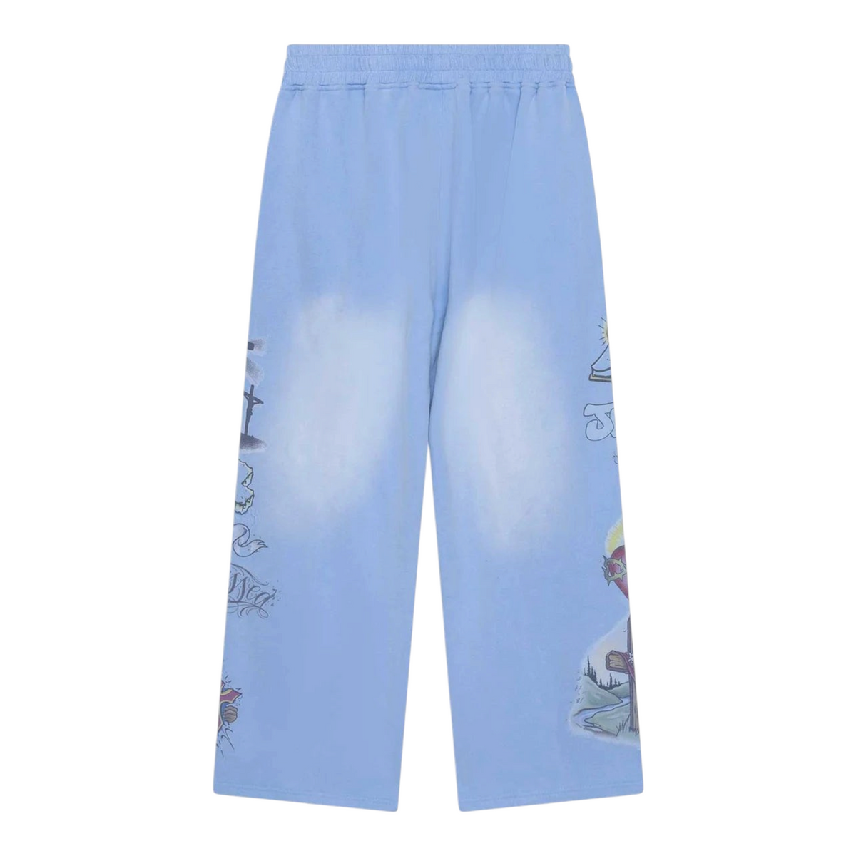 FLEX SHOP blue sweatpants with relaxed fit and detailed graphic prints on the side legs