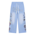 FLEX SHOP blue sweatpants with Righteous graphic and religious artwork on legs, featuring a relaxed fit and drawstring.