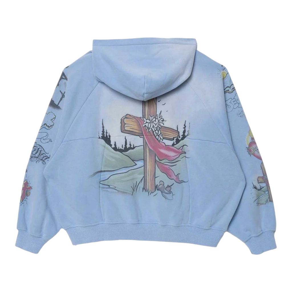 FLEX SHOP blue zip-up hoodie featuring a back graphic of a cross with a red cloth and floral accents