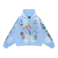 FLEX SHOP light blue zip-up hoodie featuring religious graphic prints including Jesus, crosses, and sacred hearts.