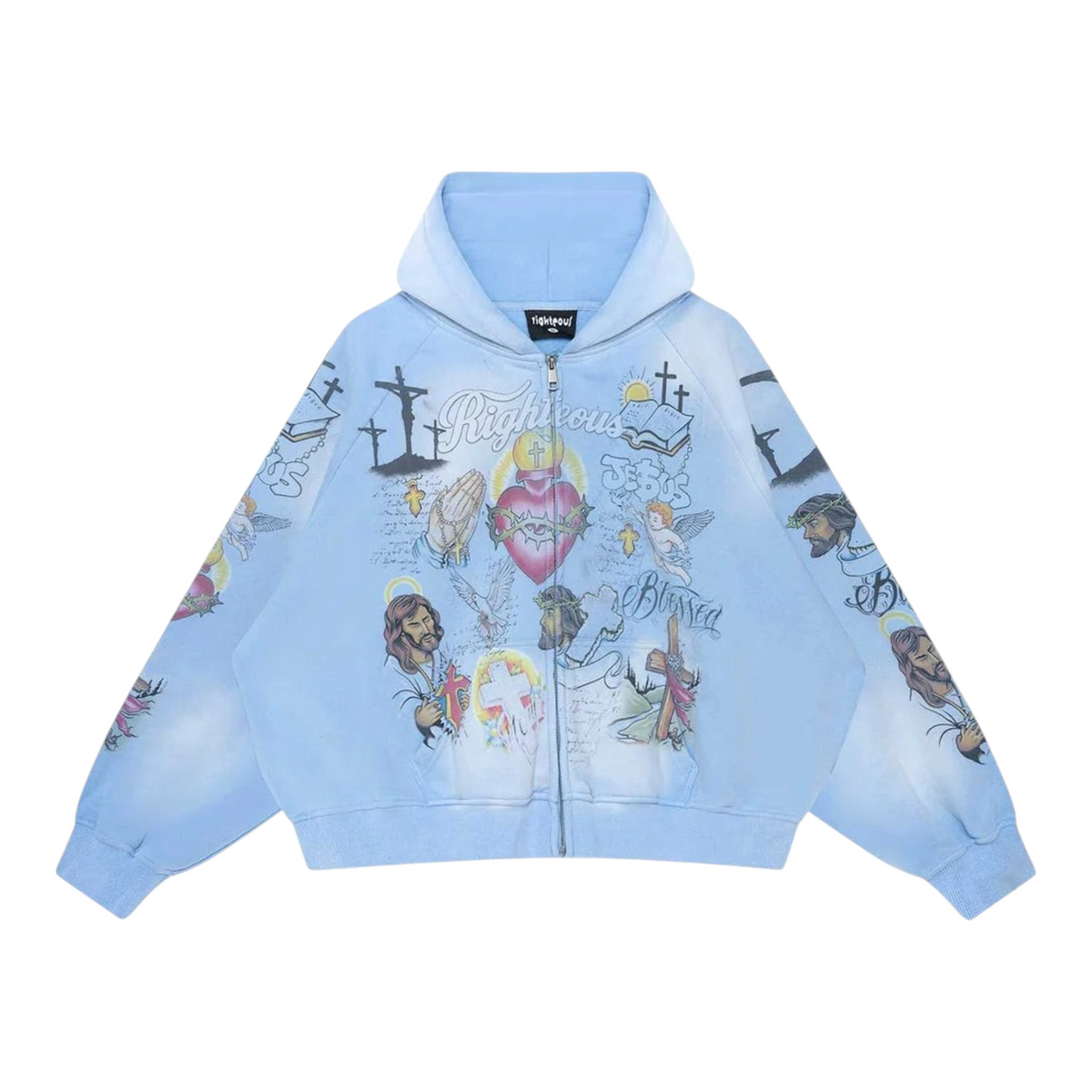 FLEX SHOP light blue zip-up hoodie featuring religious graphic prints including Jesus, crosses, and sacred hearts.
