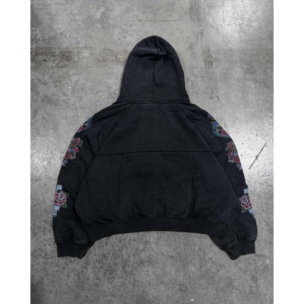 FLEX SHOP black heavyweight zip-up hoodie with floral sleeve graphics and drawstring hood, back view