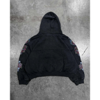 FLEX SHOP black heavyweight zip-up hoodie with floral sleeve graphics and drawstring hood, back view