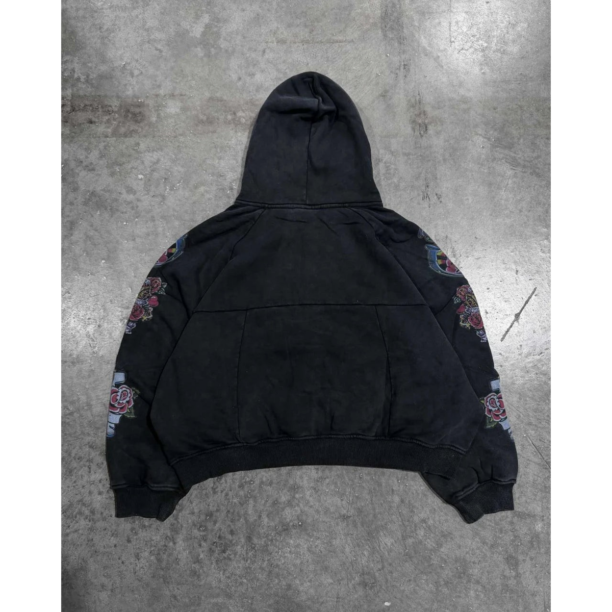 FLEX SHOP black heavyweight zip-up hoodie with floral sleeve graphics and drawstring hood, back view