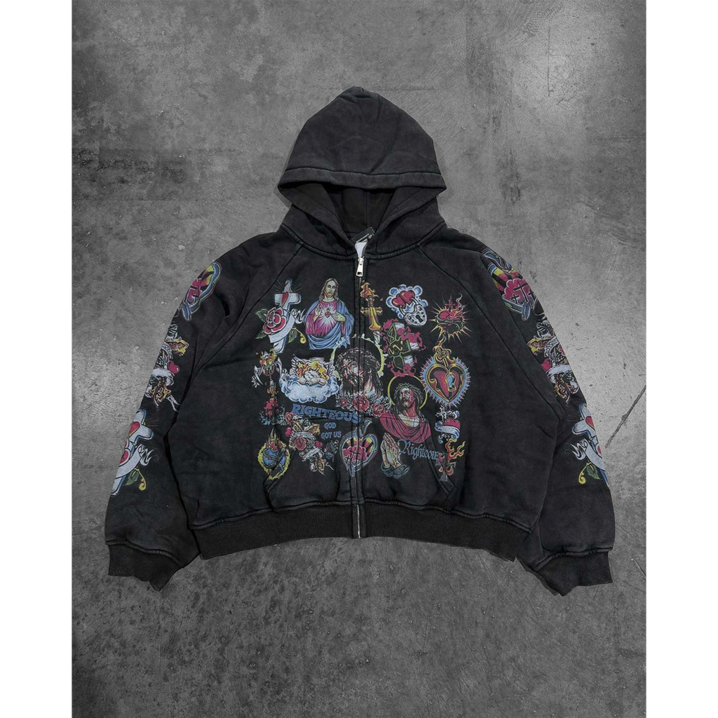 FLEX SHOP black heavyweight zip-up hoodie with Risen King graphic print, drawstring hood, and ribbed cuffs.