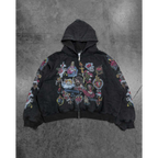 FLEX SHOP black heavyweight zip-up hoodie with Risen King graphic print, drawstring hood, and ribbed cuffs.