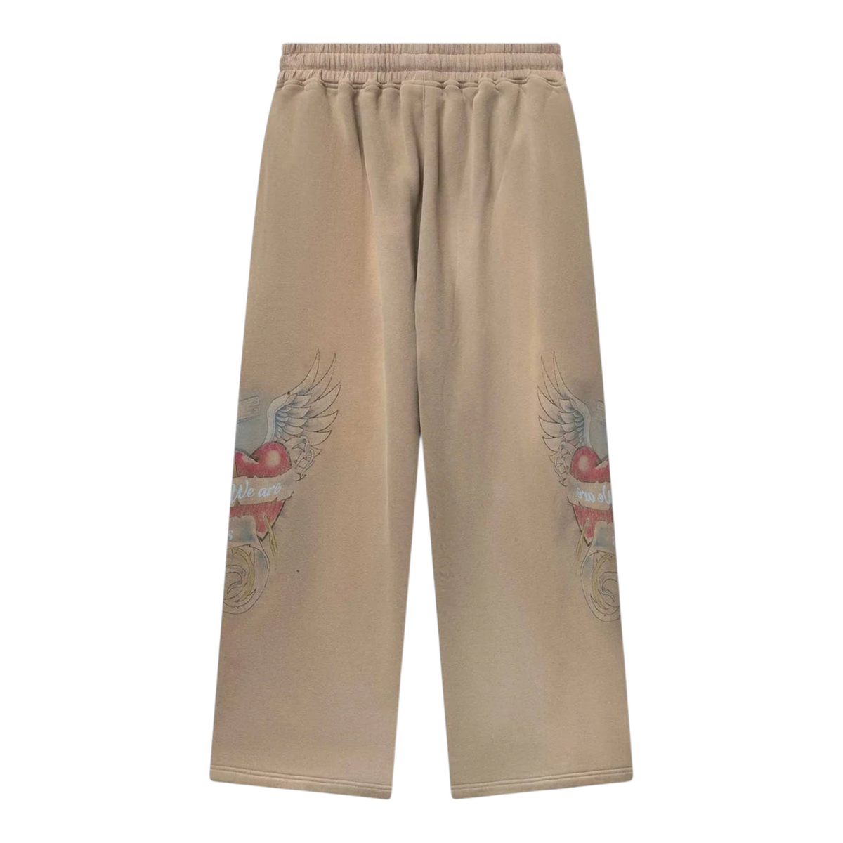 FLEX SHOP Righteous Sacred Heart brown sweatpants with graphic wing and heart design on the legs.