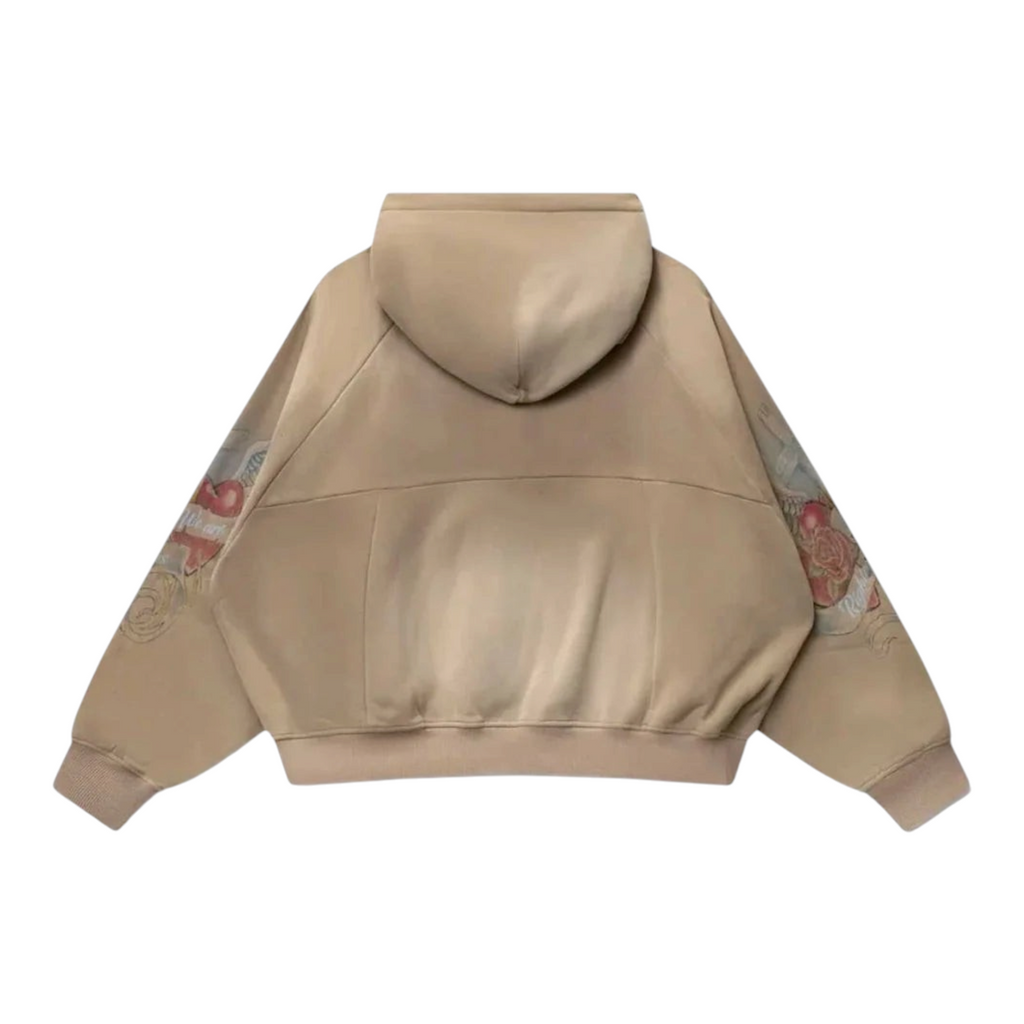 FLEX SHOP Righteous Sacred Heart brown zip-up hoodie featuring detailed graphic sleeve art on a soft cotton blend.
