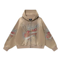 FLEX SHOP brown zip-up hoodie featuring a detailed sacred heart and wings graphic on the front and sleeves.