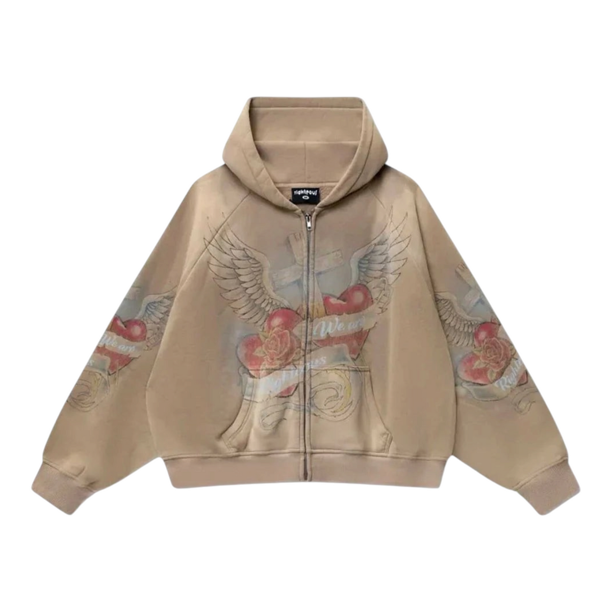 FLEX SHOP brown zip-up hoodie featuring a detailed sacred heart and wings graphic on the front and sleeves.