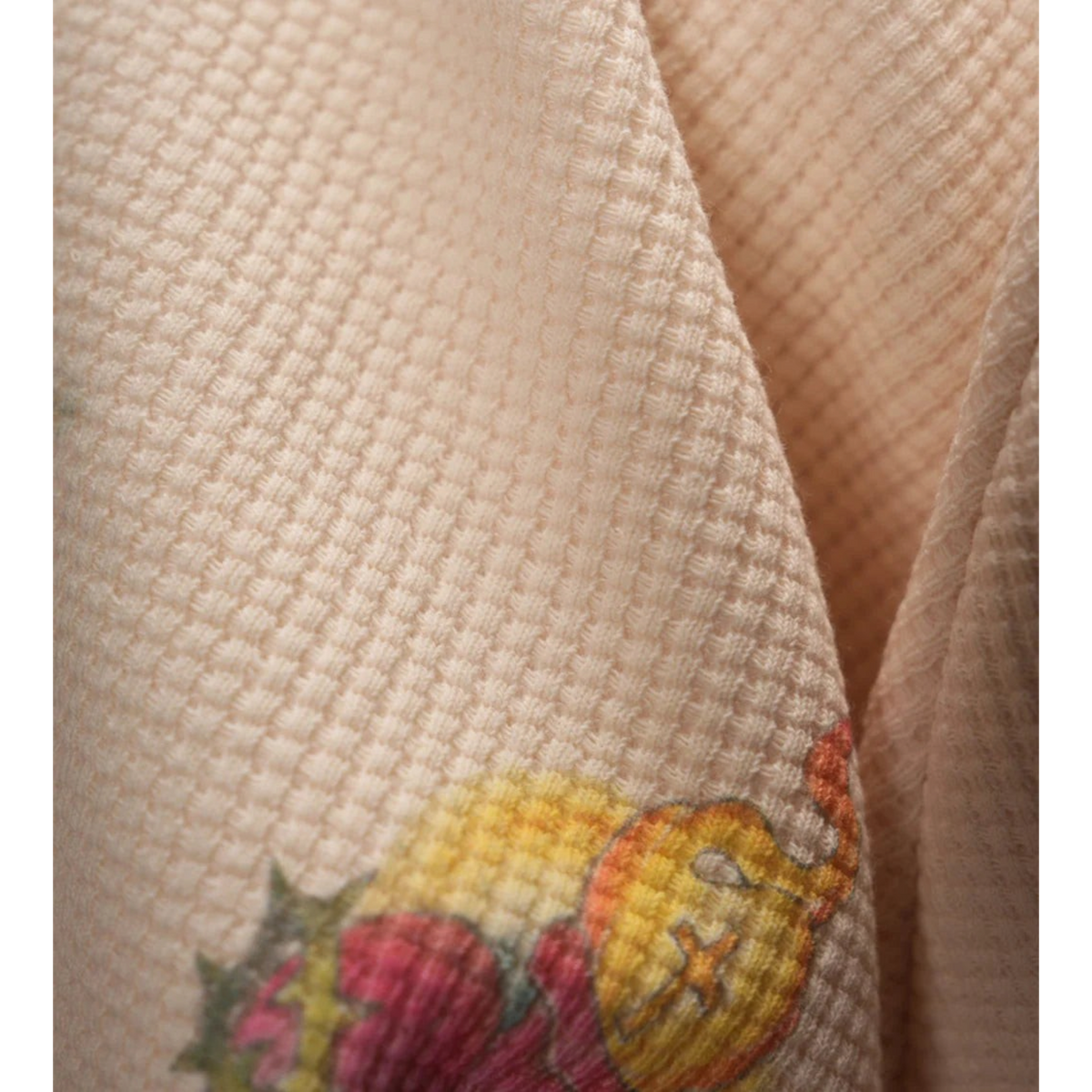 FLEX SHOP cream thermal hoodie fabric with detailed Ultimate Sacrifice graphic print texture