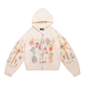 FLEX SHOP cream thermal zip-up hoodie featuring religious Ultimate Sacrifice graphic prints on front and sleeves.