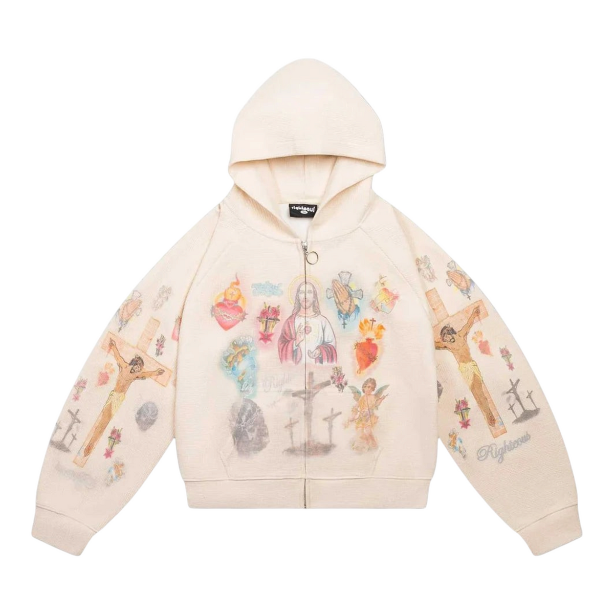 FLEX SHOP cream thermal zip-up hoodie featuring religious Ultimate Sacrifice graphic prints on front and sleeves.