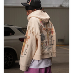 FLEX SHOP Righteous Ultimate Sacrifice cream thermal zip-up hoodie with detailed religious graphic print on the back.