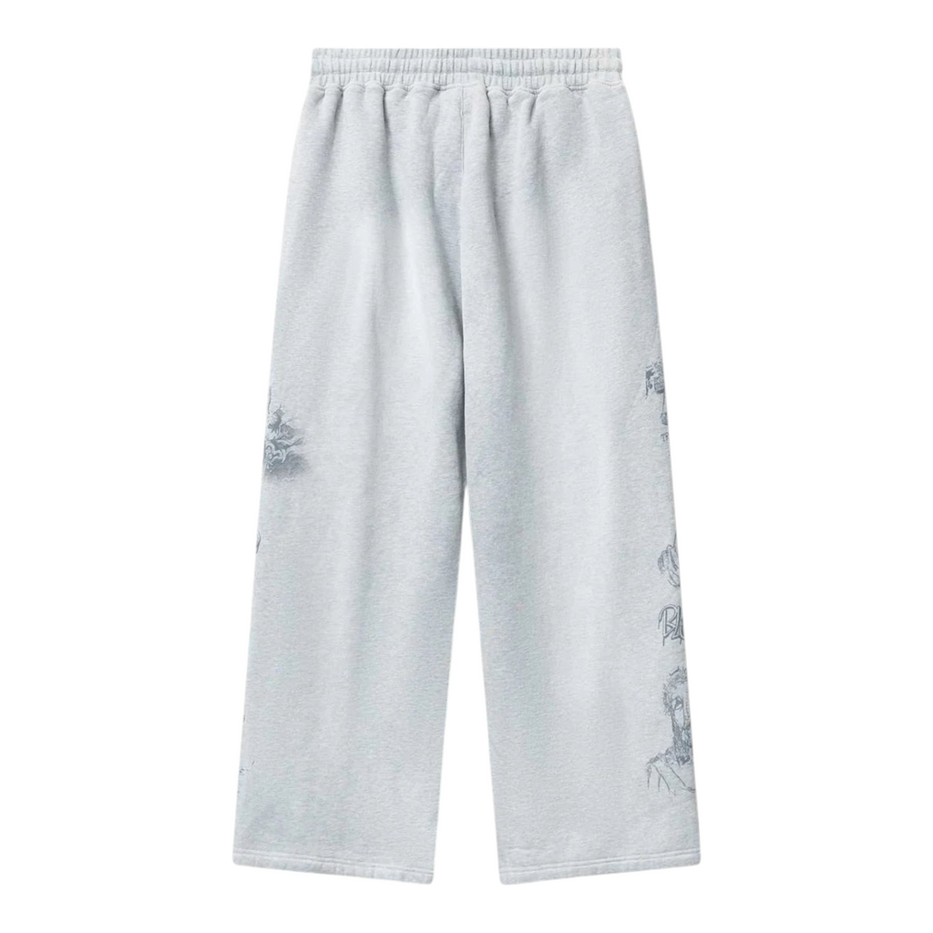FLEX SHOP Righteous University grey sweatpants with graphic prints on the legs and a drawstring waistband.