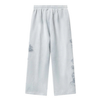 FLEX SHOP Righteous University grey sweatpants with graphic prints on the legs and a drawstring waistband.