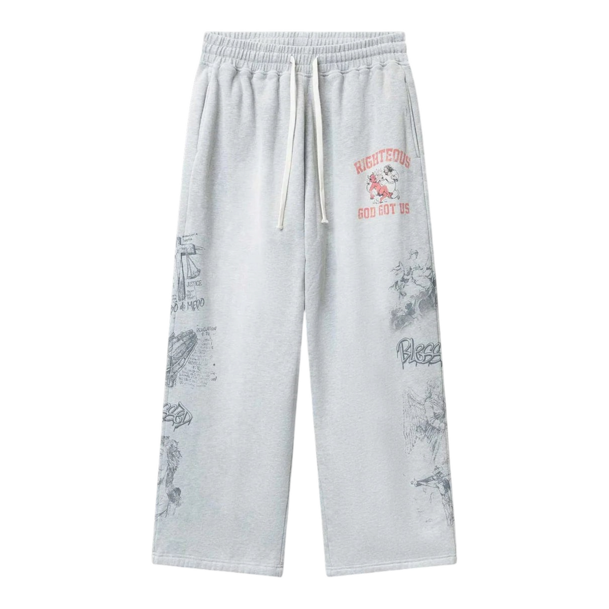 FLEX SHOP Righteous University grey sweatpants with drawstring waist and graphic prints on legs