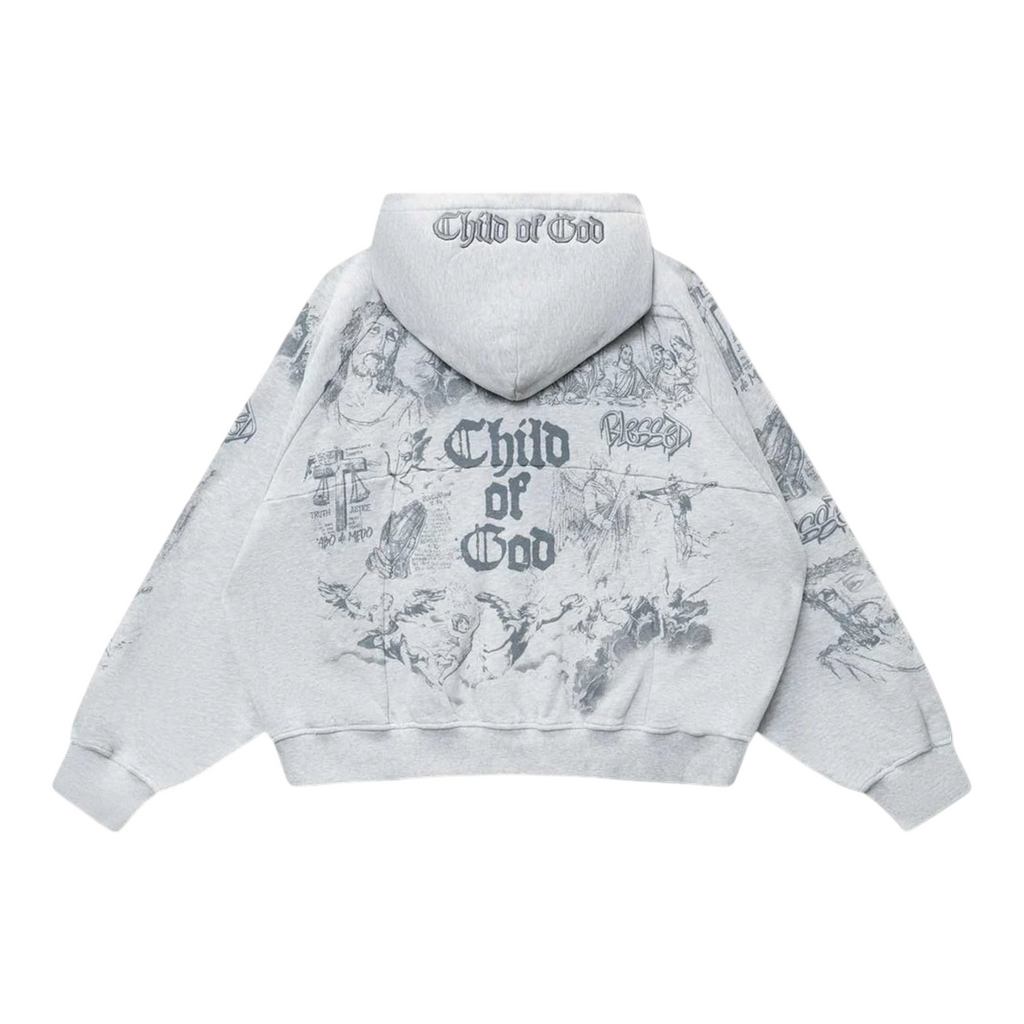 FLEX SHOP grey zip-up hoodie featuring intricate gothic-style graphic prints and Child of God text on the back
