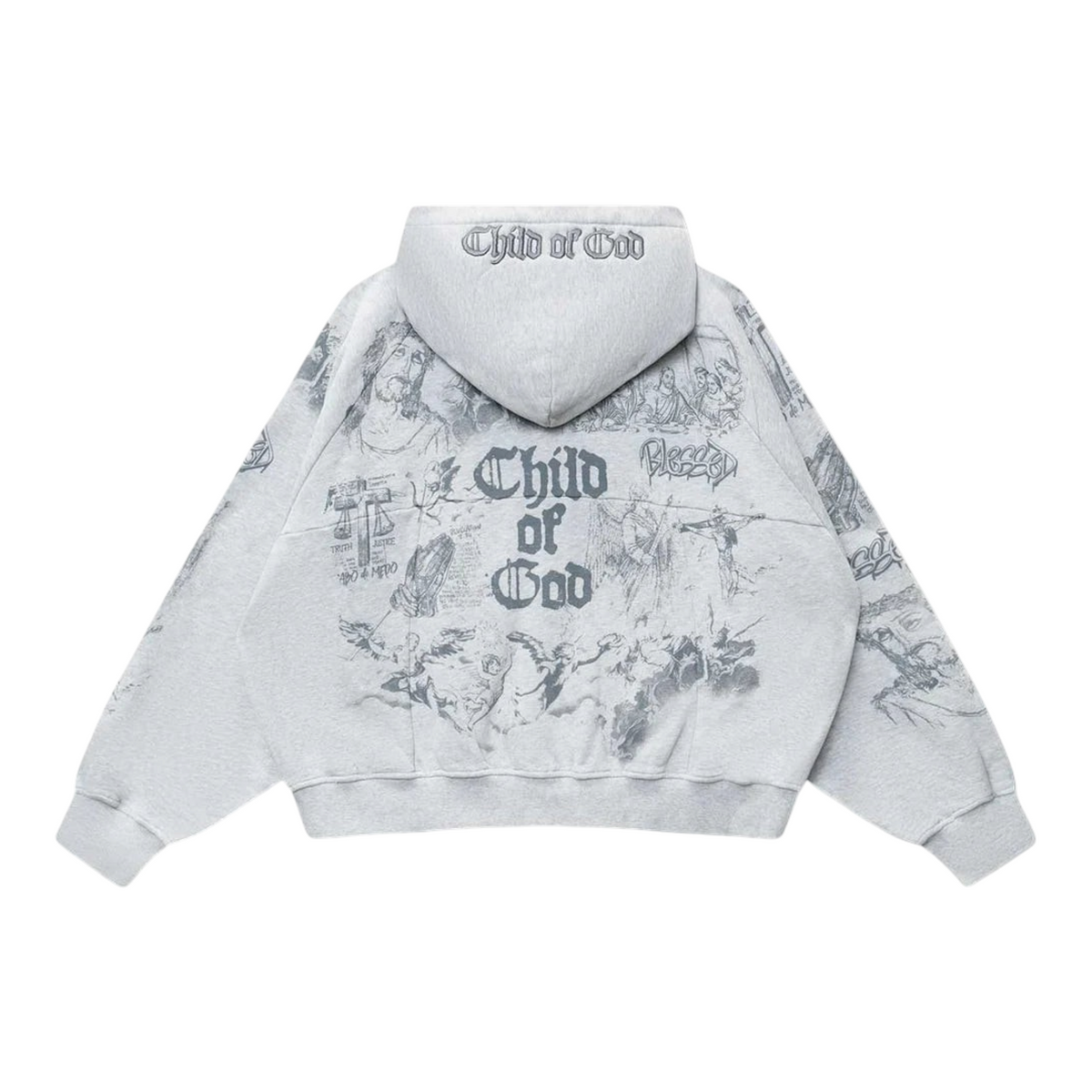 FLEX SHOP grey zip-up hoodie featuring intricate gothic-style graphic prints and Child of God text on the back
