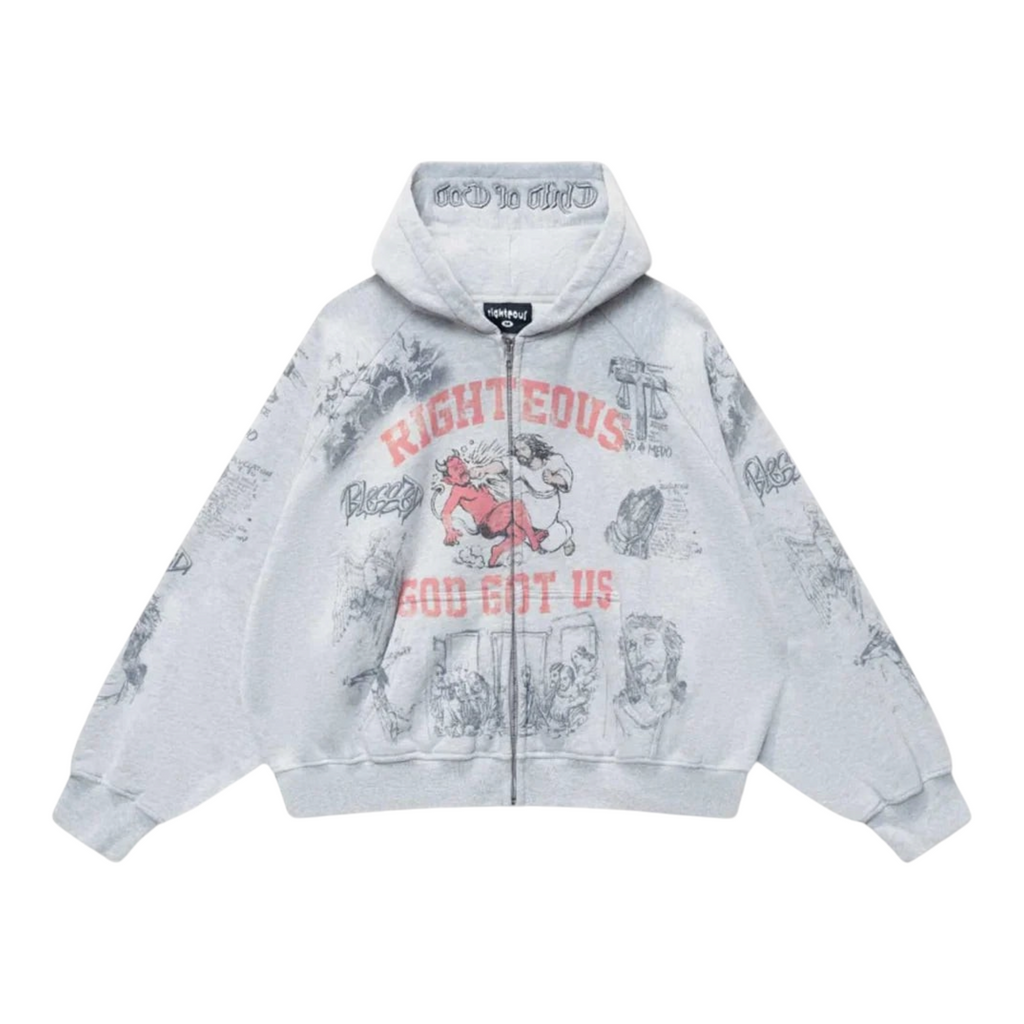 FLEX SHOP Righteous grey zip-up hoodie with graphic prints, kangaroo pockets, and adjustable drawstring hood.