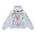 FLEX SHOP Righteous grey zip-up hoodie with graphic prints, kangaroo pockets, and adjustable drawstring hood.