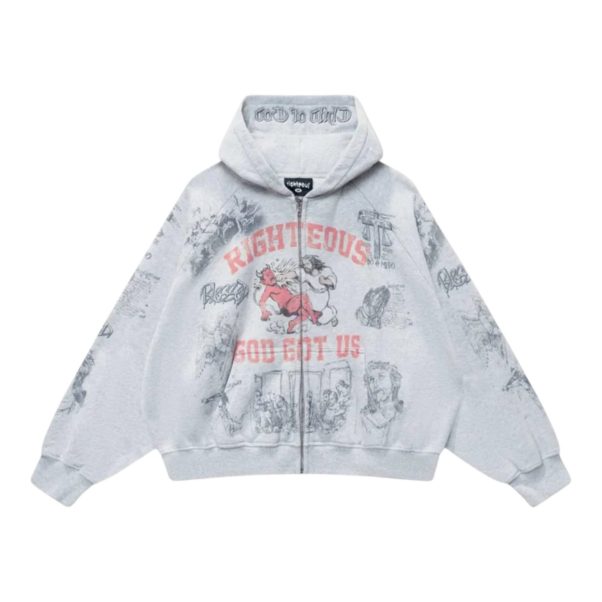 FLEX SHOP Righteous grey zip-up hoodie with graphic prints, kangaroo pockets, and adjustable drawstring hood.
