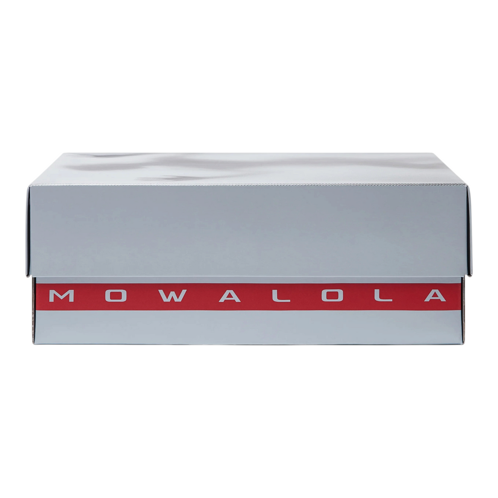 FLEX SHOP Jordan 14 Retro Mowalola sneaker box in grey with a red branded stripe featuring Mowalola text