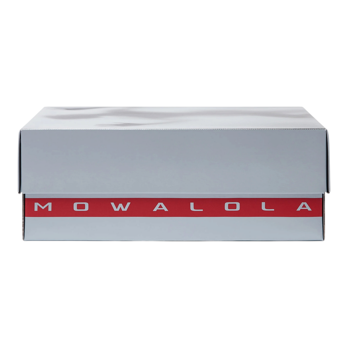 FLEX SHOP Jordan 14 Retro Mowalola sneaker box in grey with a red branded stripe featuring Mowalola text