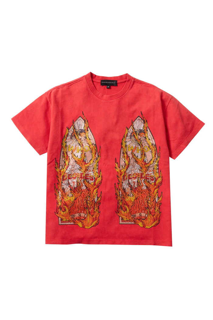 Who Decides War red Rhinestone Flame Glass Jersey Tee